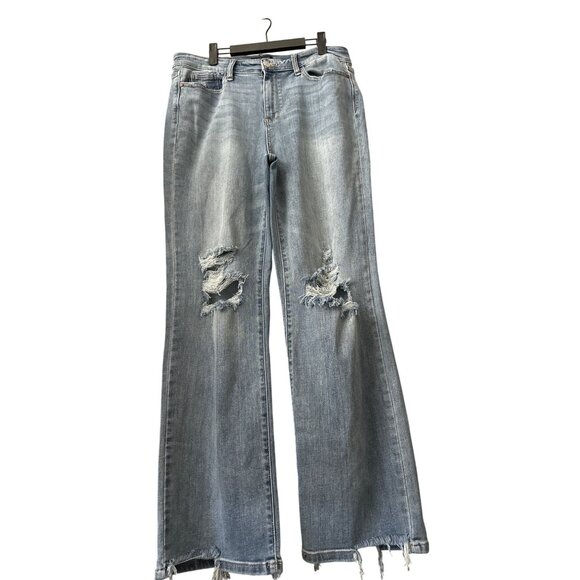 Judy Blue Distressed Straight Fit Jeans Size 15/32 Light Blue Raw Hem - Picture 1 of 6
